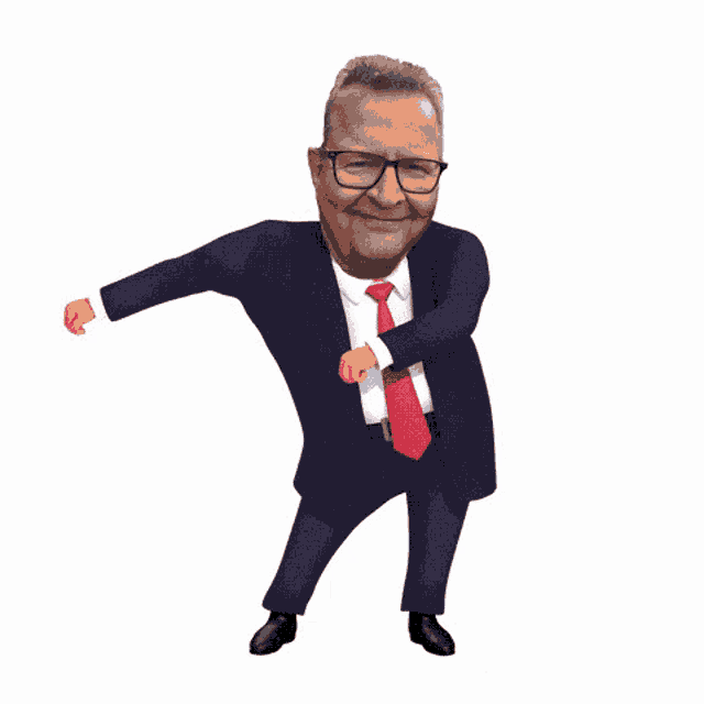 a man in a suit and tie is dancing with his hands in the air