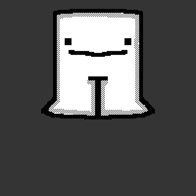 a pixel art drawing of a ghost with a smile on its face and a t in its mouth .