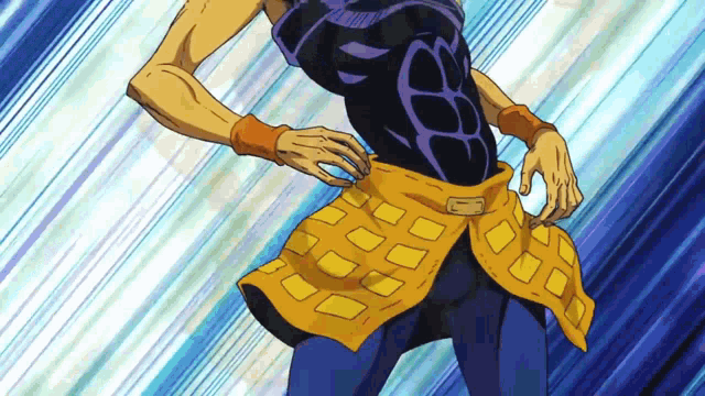 a cartoon of a man with a yellow skirt around his waist