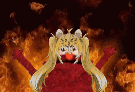 a drawing of elmo with a girl in a tiger costume surrounded by flames
