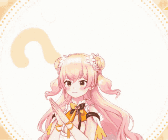 a girl with pink hair is surrounded by question marks and has her hands folded
