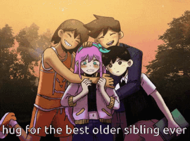 a group of cartoon characters are hugging each other with the caption hug for the best older sibling ever