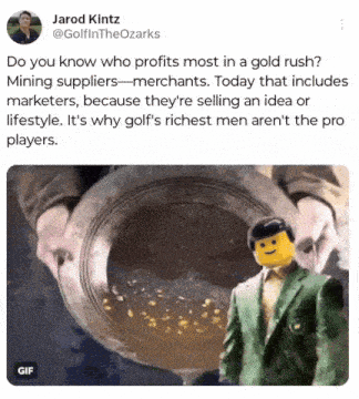 a tweet by jarod kintz shows a lego man holding a pan of gold