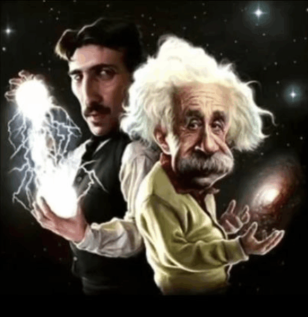 a caricature of tesla and albert einstein holding lightning