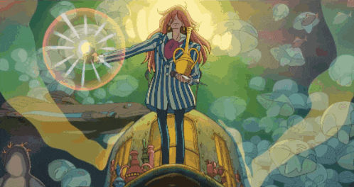 a woman in a striped suit is standing on a boat holding a cup