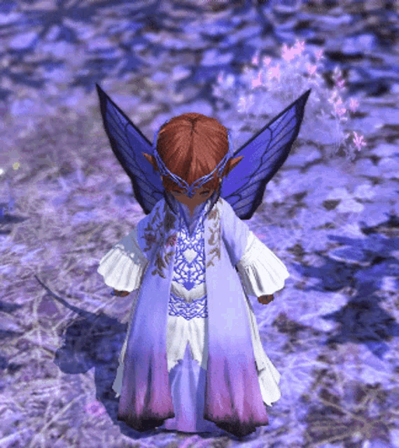 a little girl in a purple and white dress with wings