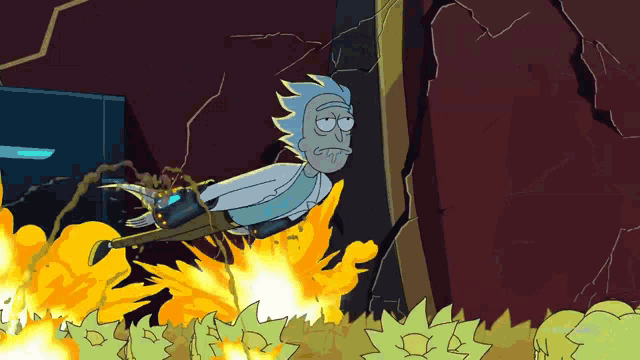 a cartoon of rick and morty flying through the air with fire behind him