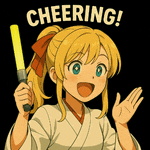 a blonde anime girl is holding a yellow light stick and says cheering !