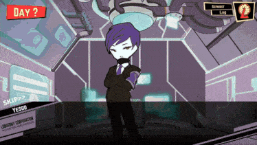 a cartoon character is standing in a room with a sign that says laboratory corporation on it