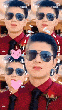 a man wearing sunglasses and a red shirt has a heart in his mouth
