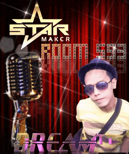 a man wearing sunglasses and a hat stands in front of a red curtain with a star maker logo