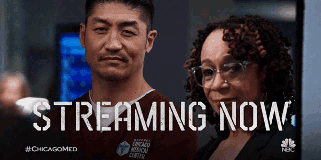 a man and a woman are standing next to each other and the words streaming now are on the bottom