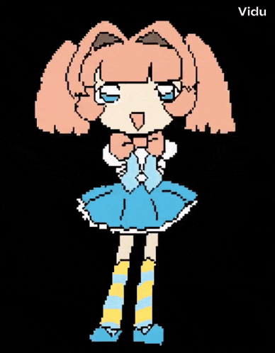 a drawing of a girl with pink hair wearing a blue dress and yellow knee high socks