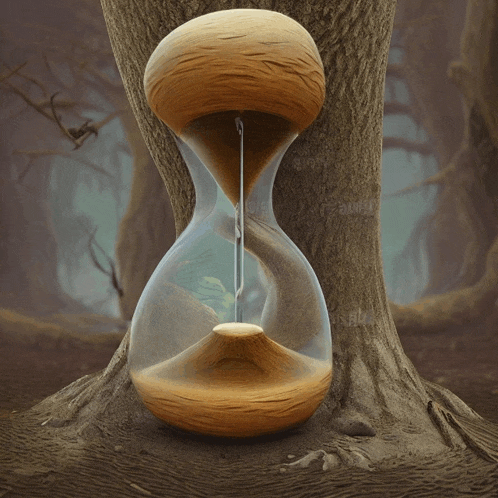 a wooden hourglass is sitting next to a tree in a dark forest