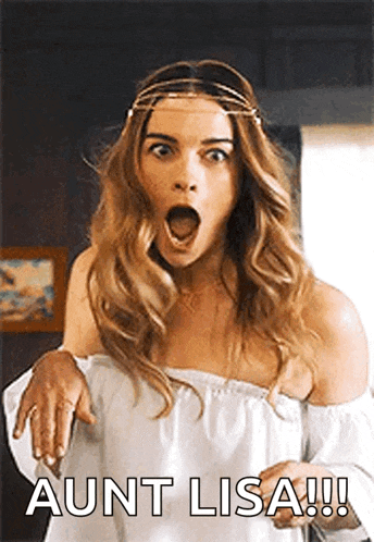 a woman in a white off the shoulder top is making a surprised face and saying aunt lisa !!!
