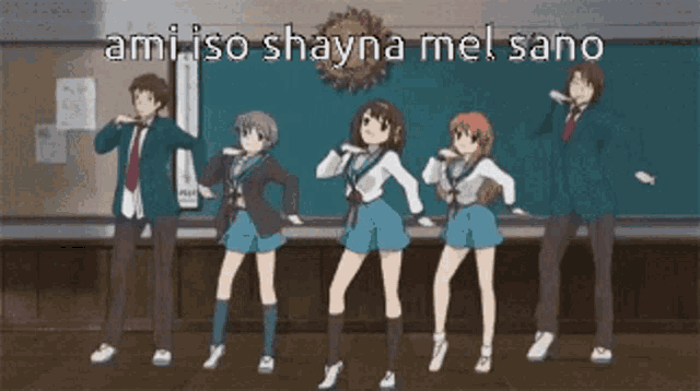 a group of anime characters are dancing in front of a blackboard with the words ami iso shayna mel sano