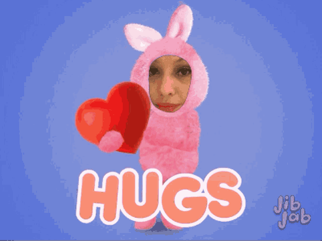 a picture of a pink bunny holding a red heart with the word hugs written below it