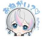 a sticker of a boy with gray hair and blue eyes