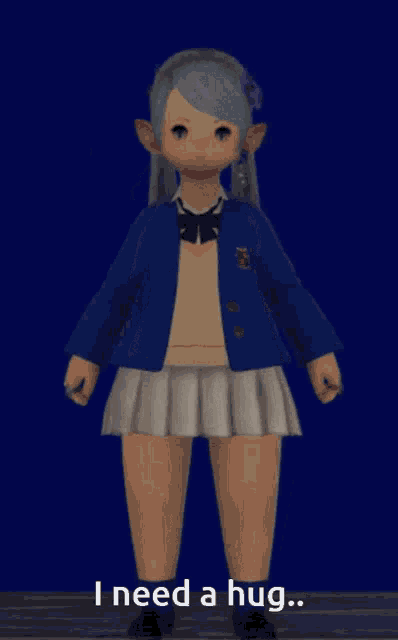 a girl in a blue jacket and white skirt is standing in front of a blue background that says i need a hug