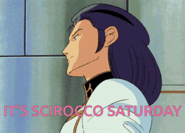 a cartoon of a man with the words it 's scirocco saturday on the bottom