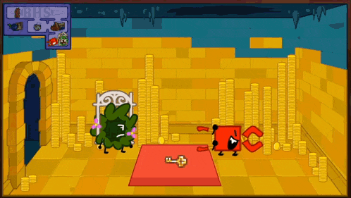 a cartoon drawing of a room with coins and a sign that says bhse on it