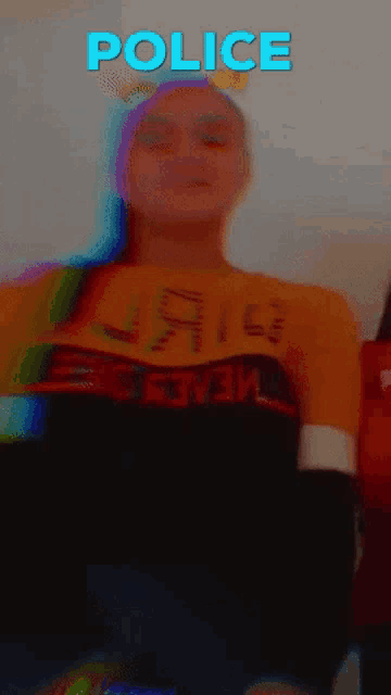 a blurry picture of a girl with the word police written above her
