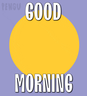 a penguin says good morning with a yellow sun in the background