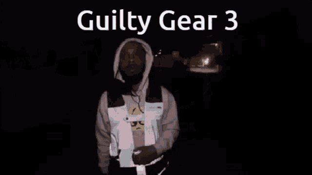 a man in a pink hoodie is pointing at the camera with the words guilty gear 3 written on the bottom