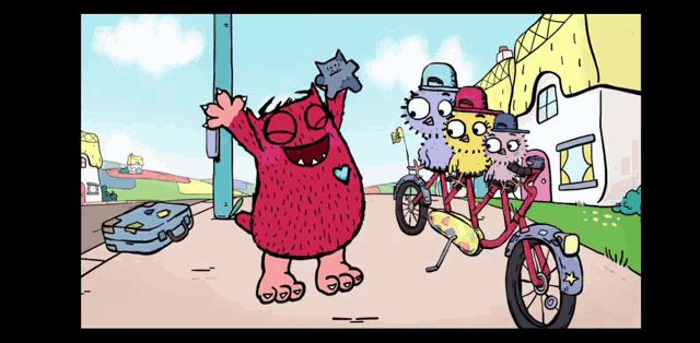 a cartoon drawing of a red monster standing next to a bicycle