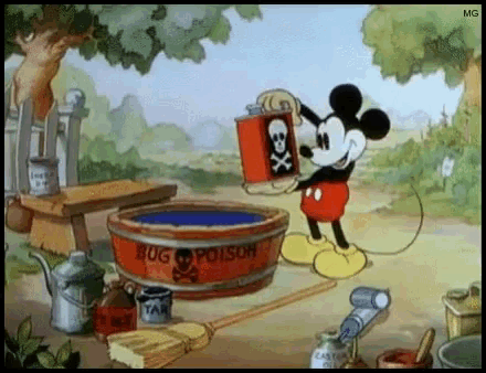 a cartoon of mickey mouse with a bucket of bug poison