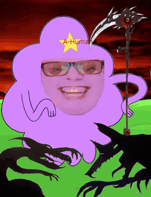 a cartoon character with a scythe and the word a-human on top