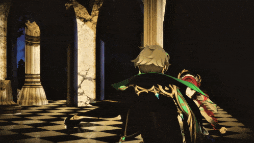 a man with a green cape stands in a dark room
