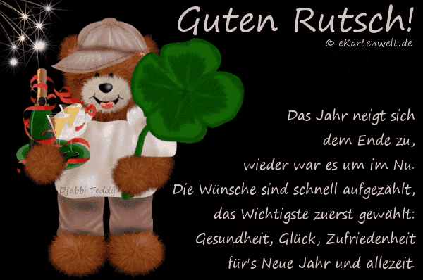 a teddy bear is holding a clover and a bottle of champagne and says guten rutsch