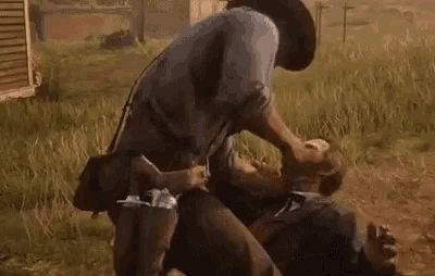 a man in a cowboy hat is wrestling another man in a field in a video game .