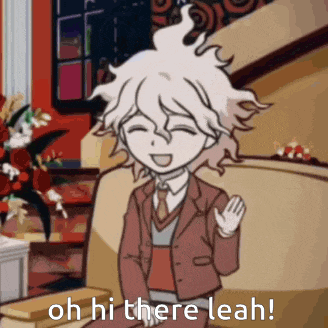 a cartoon character is sitting on a couch waving and saying oh hi there leah !