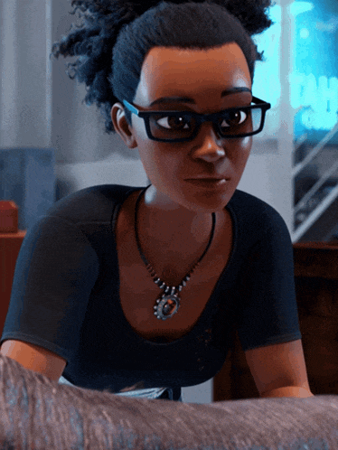 a cartoon woman wearing glasses and a necklace looks at the camera