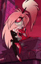 a close up of a cartoon character with pink hair and a mask on .