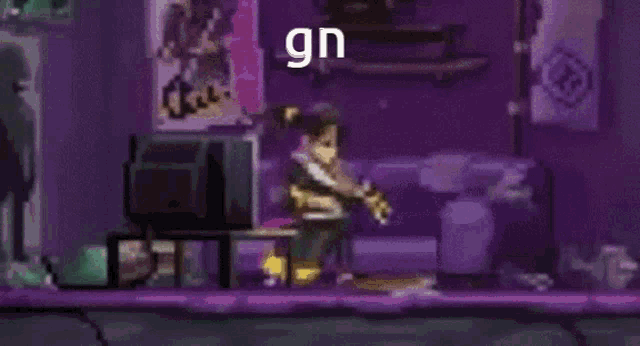 a pixel art of a person laying on a couch in front of a tv with the letters gn on the bottom