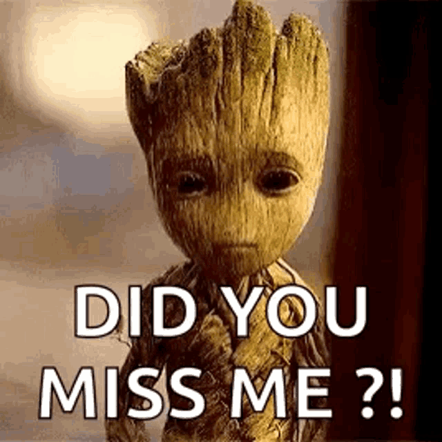 groot from the movie guardians of the galaxy is sitting down and looking at the camera and says `` did you miss me ? ''