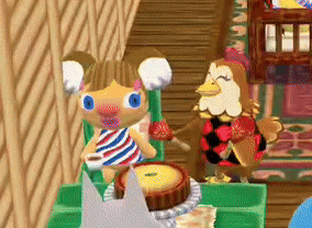 a cartoon character is sitting at a table with a cake and a cat .