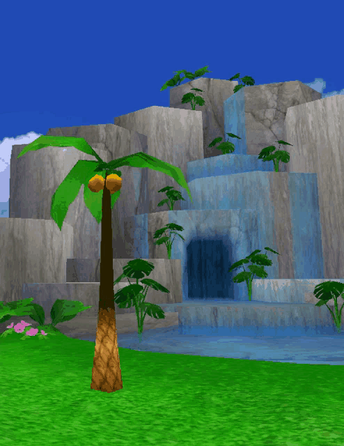 a cartoon scene with a waterfall and a palm tree