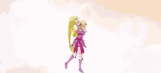a cartoon girl in a pink dress is pointing at something .