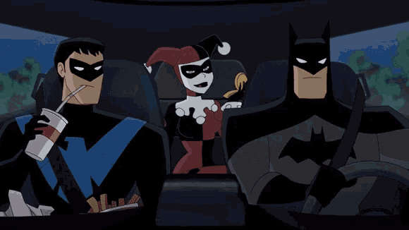 a cartoon of batman harley quinn and nightwing in a car with the caption " meh "