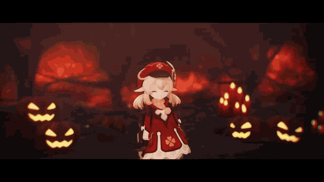 a girl in a red and white outfit is standing in front of pumpkins