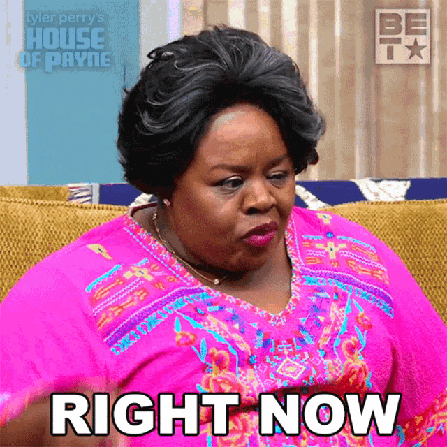 a woman sitting on a couch with the words right now written on the bottom