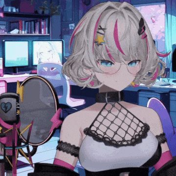 a girl with glasses is standing in front of a microphone with a heart on it
