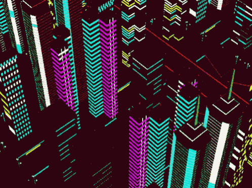 a computer generated image of a city at night with a lot of buildings glowing in the dark .