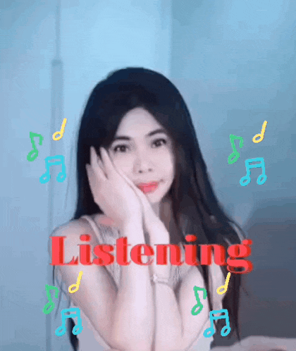 a woman is surrounded by music notes and the word listening is on the bottom