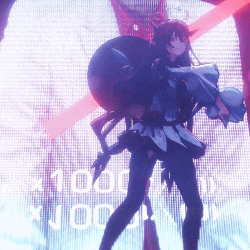 a girl is standing in front of a screen that says 1000 on it