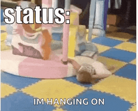 a picture of a baby laying on the floor with the words status : im hanging on